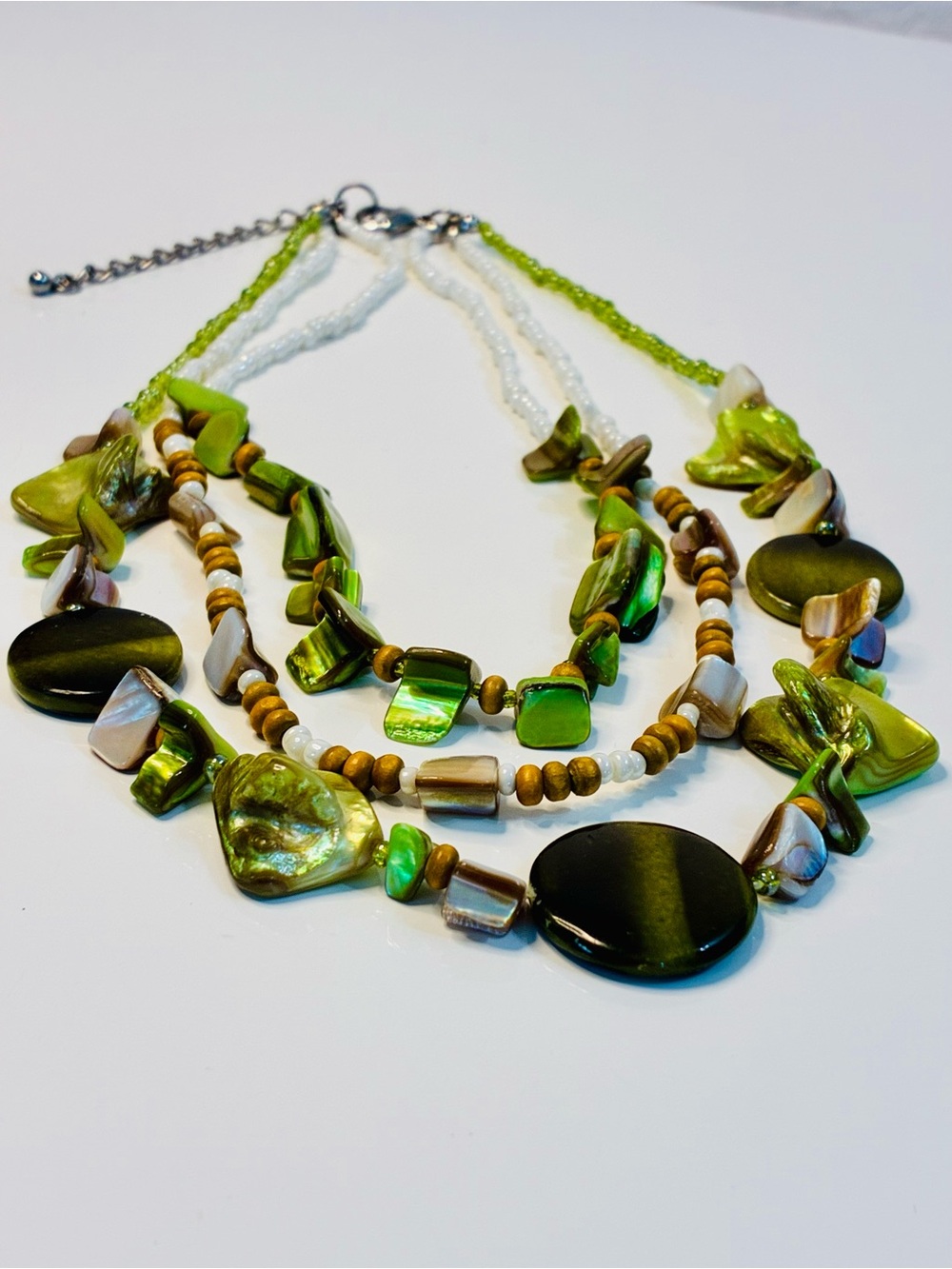 Layered Green Textured Mother of Pearl Beaded Bohemian Statement Necklace EUC